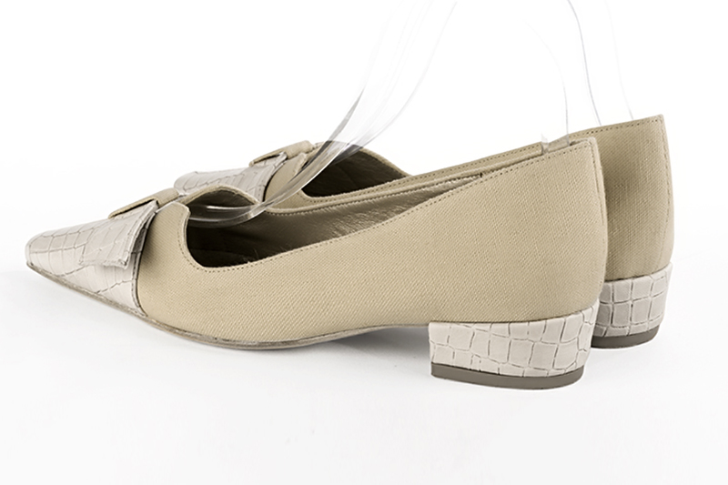 Off white and sand beige women's dress pumps, with a knot on the front. Tapered toe. Low block heels. Rear view - Florence KOOIJMAN